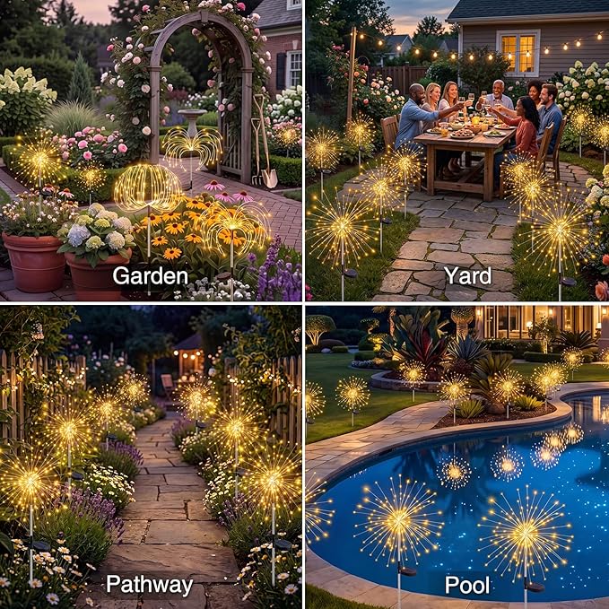 btfarm 4 Pack 120 LED Solar Garden Lights Outdoor, 8 Modes Firework Lights Solar Powered, Waterproof Twinkle Fairy Light Outside for Yard Patio Pathway Pool Christmas Party Decorative, Warm White