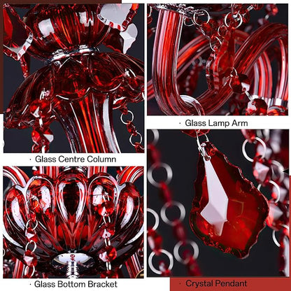 Bagood Red 6 Lights K9 Crystal Candle Chandeliers Lighting Modern Pendant Lights Crystal Modern Chandelier Candle Chandelier Lighting for Living Room Bedroom Hallway Entry E12 Base, H22 x W23.6 Inch