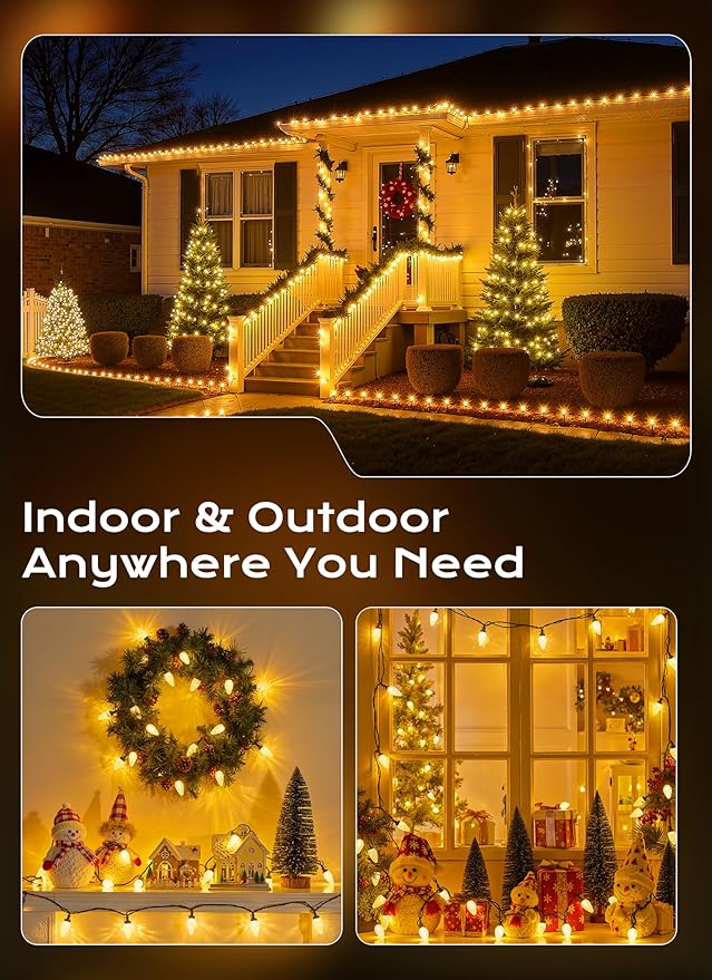 C9 Christmas Lights Outdoor, 33 FT 50 LED C9 String Lights, 8 Modes & Timer Connectable Waterproof for Christmas Tree light Indoor Outdoor Roofline Patio Outsie Yard Holiday Xmas Decoration Warm White