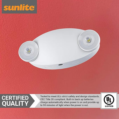 Sunlite 05269-SU Compact LED Emergency Light Fixture, 2 Watts, 120-277 Volt, Dual Heads, 90-Minute Battery Backup, Wall or Ceiling Mount, IP20, UL Listed, White
