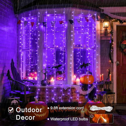 JMEXSUSS 300LED Purple Christmas Lights with Remote, Curtain Hanging Light Plug in, 8 Modes Purple String Lights for Bedroom Window Wall Party Backdrop Halloween Christmas Carnival Decorations