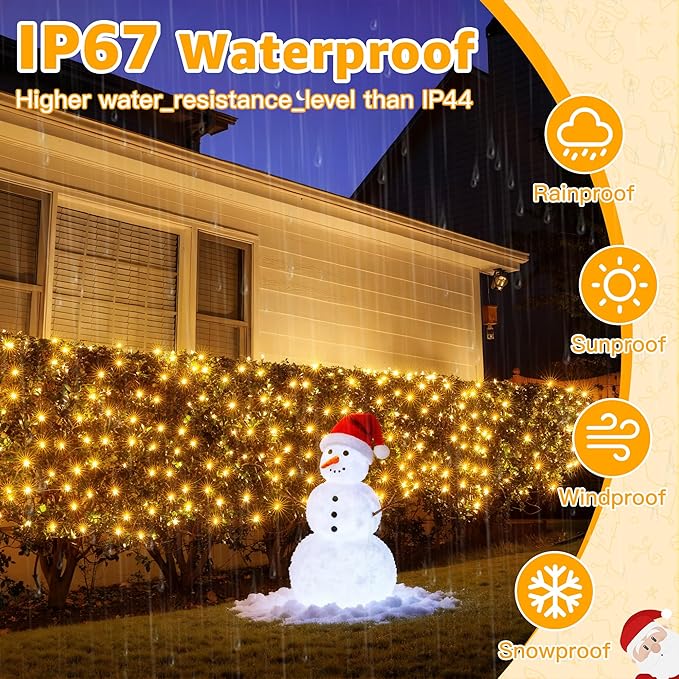 Ollny Net Lights Outdoor Mesh Light, 210LED 10x7ft Green Wire Christmas Net Lights, IP67 Waterproof, 8 Modes Plug in Bush Light for Tree Shrubs Outside Patio Decorations, Warm White