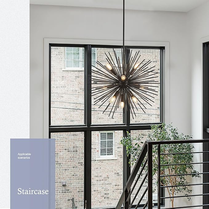 23.6" 9-Light Black Sputnik Chandelier Modern Industrial Adjustable Firework Globe Ceiling Fixture for Living Room, Entryway, Dining, Bedroom, Hallway, Stairway