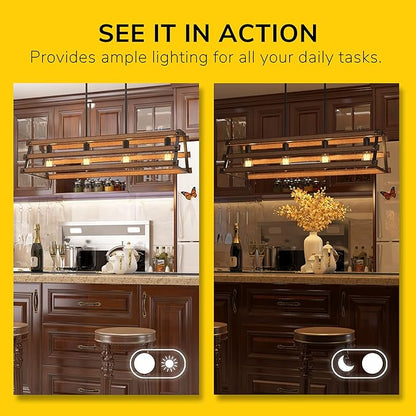 Inlight 34" Wide Farmhouse 4-Light Kitchen Island Pendant Light, Textured Black and Faux Painted Wood Finish, Rustic and Industrial Design Linear Chandelier for Dining Room, IN-0335-4-WD