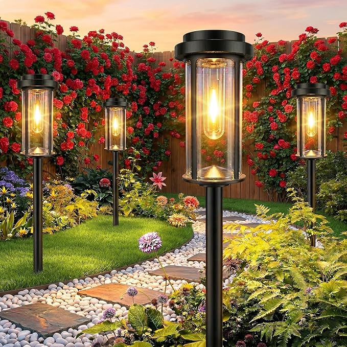 DERAYSION 12 Pack Solar Lights Outdoor, 21" Solar Pathway Lights Auto On/Off Waterproof Garden Lights for Path, Yard, Walkway, Driveway Decor, Warm White