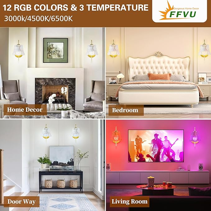 Wireless Wall Sconce with Flower lampshade, Battery Operated Wall Lights,Wall lamp with 15 Colors for Bedroom Living Room Home Decor (Clear Flower, 2 Light Battery Operated)