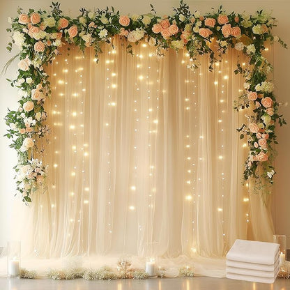 Fomcet Tulle Backdrop Curtains Champagne 20FT X 10FT Tulle Curtains with Lights String Sheer Backdrop Curtain for Parties Wedding Baby Shower Photo Shoot Decorations (4 Panels 5x10FT)
