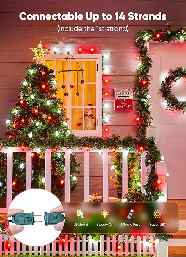 C9 LED Christmas Lights Outdoor, 50 Feet String with 50 Shatterproof Matte Bulbs, Connectable Waterproof Tree Lights for Holiday Roofline Backyard Garden Decor, Red & Pure White