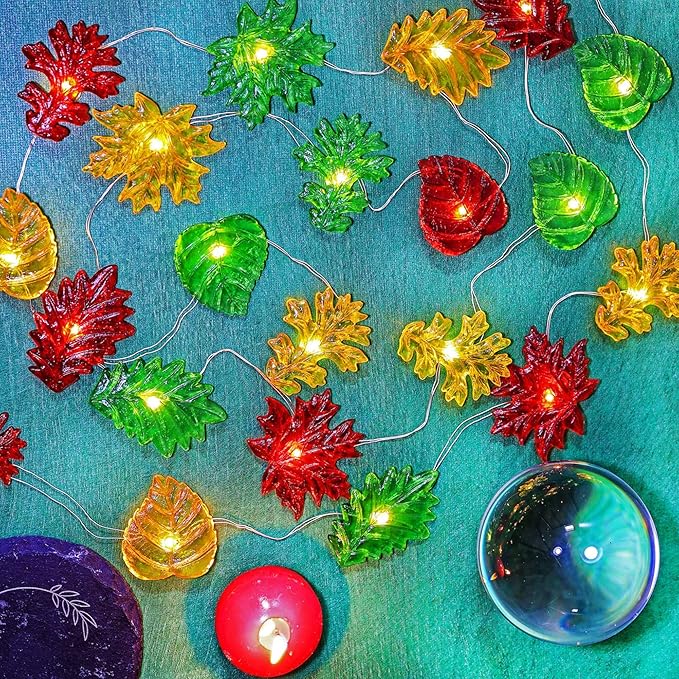 Thanksgiving Decoration Leaf Fairy String Lights Fall Garland Leaf Decorative Lights Harvest Maple Oak Decor 10ft 30LED Battery Operated String Lights Autumn Wreath for Bedroom Window Tree Décor