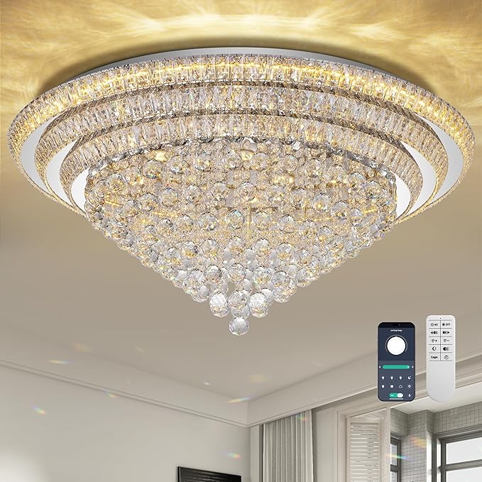 COCOSTAR 40" Crystal Chandeliers, Flush Mount Chandelier LED Ceiling Light, Modern Crystal Raindrop Chandeliers for Dining Room, Living Room, Bedroom