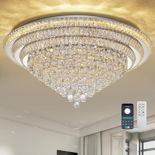 COCOSTAR 40" Crystal Chandeliers, Flush Mount Chandelier LED Ceiling Light, Modern Crystal Raindrop Chandeliers for Dining Room, Living Room, Bedroom