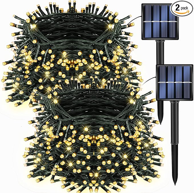 Dazzle Bright 2 Pack Total 400LED 132FT Warm White Christmas Solar String Outdoor Lights, Solar Powered with 8 Modes Waterproof Fairy Lights for Bedroom Patio Garden Tree Party Yard Decoration