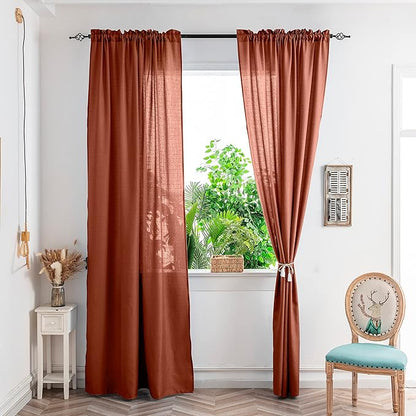 Yancorp Terracotta Curtains 96 Inch Length for Living Room 2 Panels Linen Textured Sheer Curtain Set Light Filtering Semi Sheer Drapes Curtains for Bedroom(Terracotta,W52 X L96)