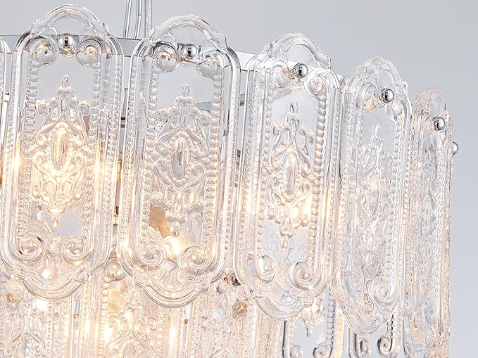 5-Lights Luxury Glass Chandeliers, Mid-Century Modern Chandeliers for Dining Room, D18.5'' × H18.9'', Adjustable Height (18.9"~51.2"), Chrome Finish Frame & Double Figured Glass Shade