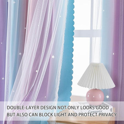 XiDi Curtains for Girls Bedroom 2 Panel Set, Thermal Insulated Window Ombre Panels, Rainbow Pink Drapes for Kids Room Unicorn Wall Decals, Black Out Curtains 54 Inch Long Pink/Purple/Blue 34x54