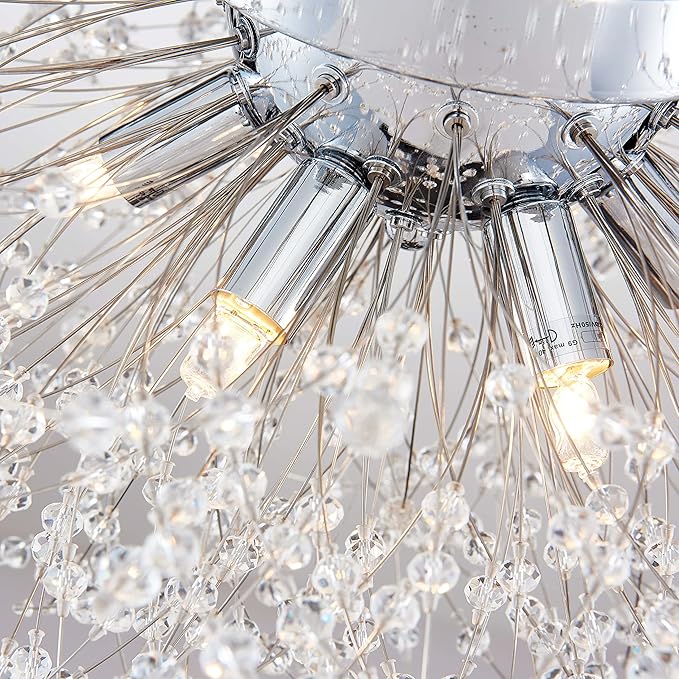 AGV LIGHTING CL023C Crystal Ceiling Light, Close to Ceiling Flushmount Light Fixture, Firework Design Dandelion Shape, 6-Lights, D18 x H10, Chrome Finish