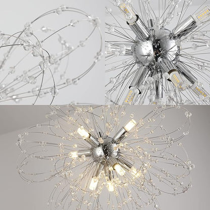 Firework Crystal Chandeliers, Modern Chrome Small Dandelion Chandelier, 8-Light Sputnik Pendant Hanging Light Fixture for Bedroom, Kitchen Island, Dining Room