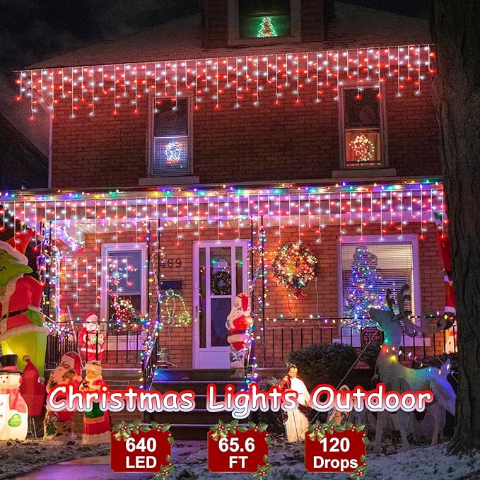 66ft Red and White Christmas Lights, 640 LED Icicle Lights for Outside, Clear Wire Connectable Twinkle Lights with 8 Modes Timer Waterproof for House Window Party Tree Holiday Patio Yard Home Decor