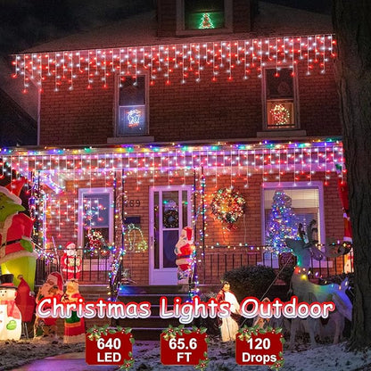 66ft Red and White Christmas Lights, 640 LED Icicle Lights for Outside, Clear Wire Connectable Twinkle Lights with 8 Modes Timer Waterproof for House Window Party Tree Holiday Patio Yard Home Decor