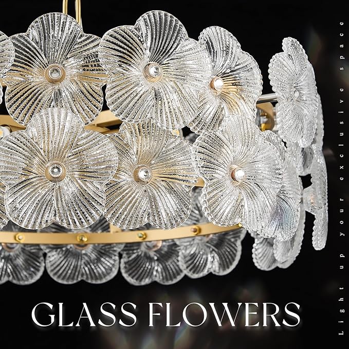 14" Clear Flower Glass Chandelier Elegant 4 Lights Modern Gold Pendant Lighting Fixture for Kitchen Island Dining Room Bedroom Entryway Hallway, G9