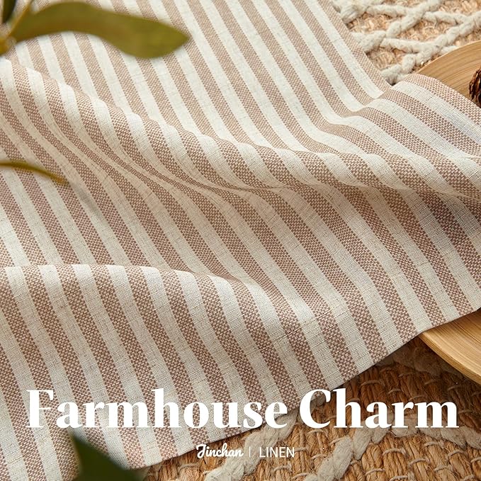 jinchan Striped Linen Kitchen Curtains 20 Inches Length Tier Curtains Farmhouse Modern Cafe Style Small Window Treatments Airy Light Filtering Rod Pocket for Living Room Bathroom 2 Panels Tan