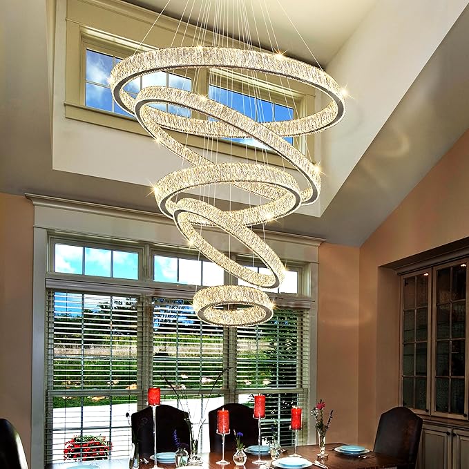 Extra Large 5 Ring Crystal Chandelier High Ceiling Chandeliers for Foyer,Modern Luxury Crystal Ring Chandelier Dimmable Led Ceiling Lighting for Staircase Villa D8''+15.7"+23.6"+31.5"+39.4"