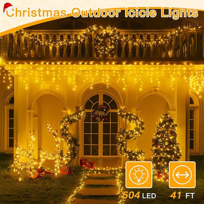 Ollny Icicle Lights for Outside 504LED 41FT, Warm White Christmas Light with Remote 8Modes Timers Waterproof, Plug in Connectable Hanging Lights for Outdoor Indoor House Roof Holiday