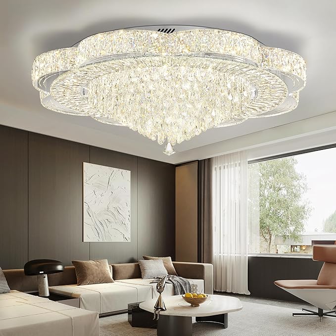 Modern Crystal Chandelier for Living Room 40in Chrome Crystal Raindrop Ceiling Light for Room Bedroom LED Dimmable 3000-6000K