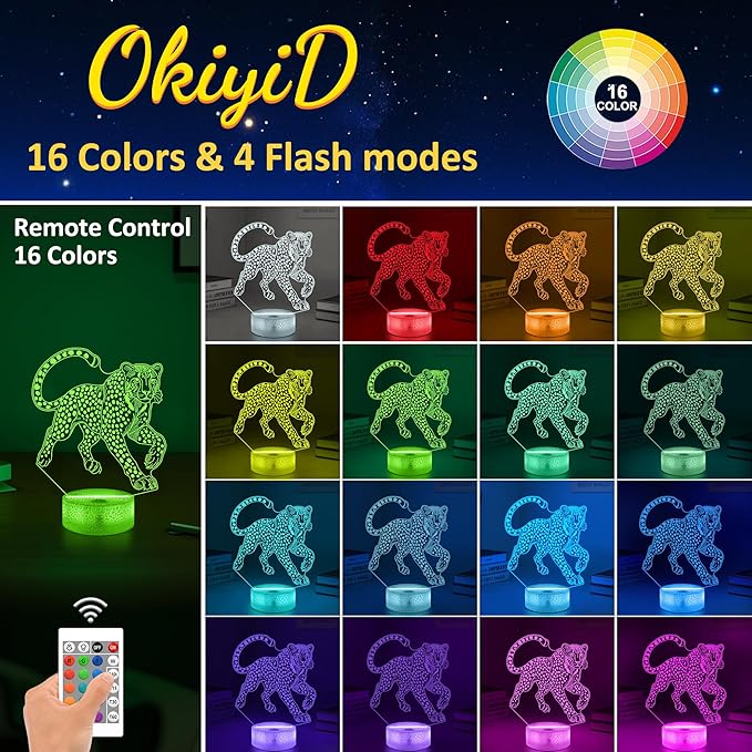 Cheetah Gifts for Boys,Cheetah 3d Night Light with 16 Colors Remote Control,Leopard lamp for Kids Room Wild Animal Themed Decor Birthday Gifts