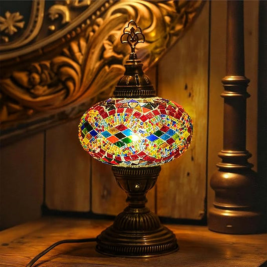 Moroccan Turkish Lamp – Colorfull Mosaic Glass Bedside & Desk Light, Handcrafted Vintage Home Decor with E12 Socket