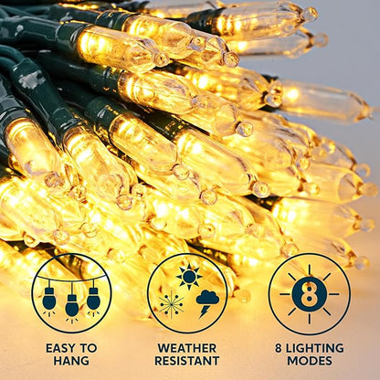 Joiedomi LED Christmas String Lights,2×50 Count 31.4FT Battery Operated Christmas Tree Fairy Lights with 8 Modes,Multifunction Green Wire for Xmas Decor Party Holiday House,Warm White
