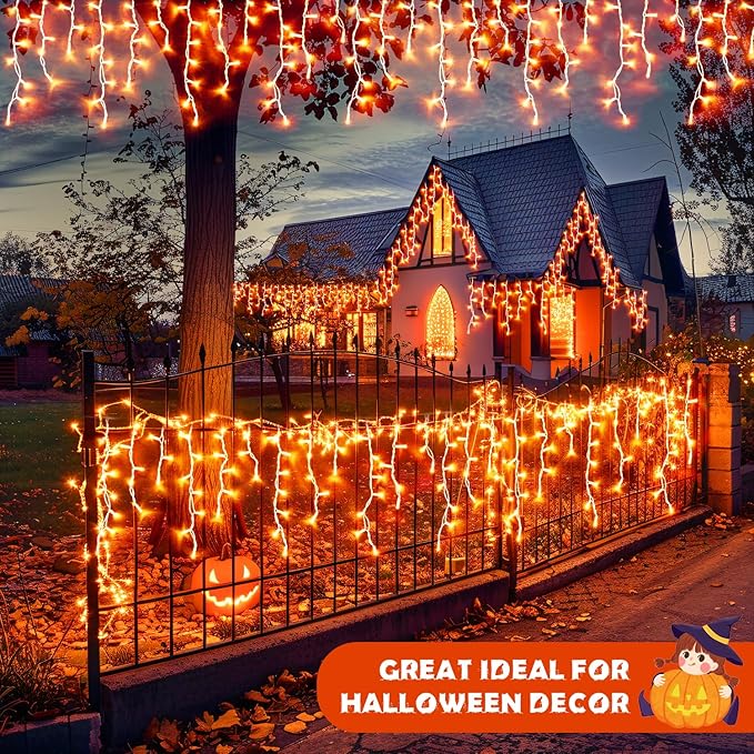 JMEXSUSS Orange Christmas Lights Outdoor, 800 LED Orange Icicle Lights Outdoor Waterproof, 8 Modes String Light Plug in for Fireplace Tree Garden Patio Thanksgiving Fall Halloween Decor