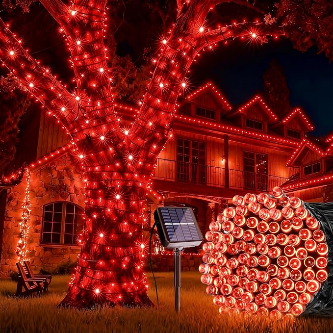 Joomer Solar String Lights, 39FT 100LED Solar Powered Outdoor Fairy Lights, Waterproof 8 Modes Twinkle String Light for Garden Patio Yard Tree Wedding Christmas Decor (Red)