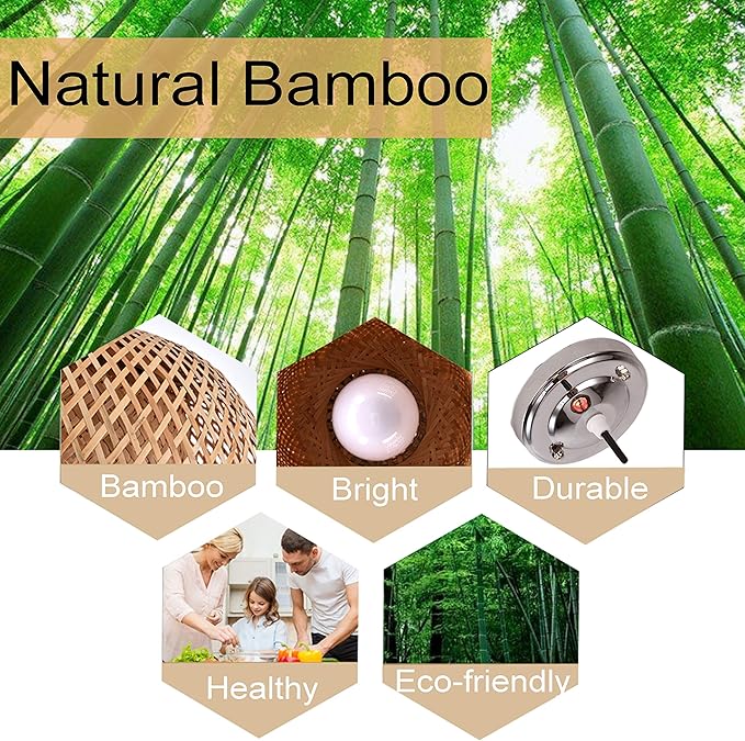 Bamboo Light Fixtures, 3 Headlights E26 E27 Retro Rustic Bamboo Wicker Rattan Chandelier Ceiling Hanging Light for Living Room Bedroom Farmhouse Restaurant Cafe Teahouse Bar Dining Room Club