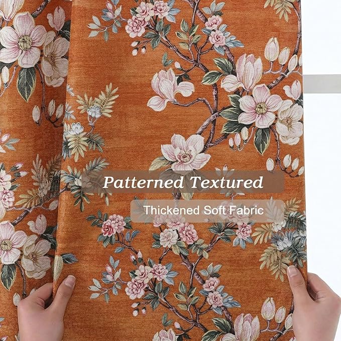 Simplebrand Orange Floral Curtains 63 Inch Length 2 Panels, Faux Linen Textured Semi Light Filtering Farmhouse Curtains & Drapes, Soft Airy Slub Window Curtains for Living Room Bedroom, Each 40"Wx63"L