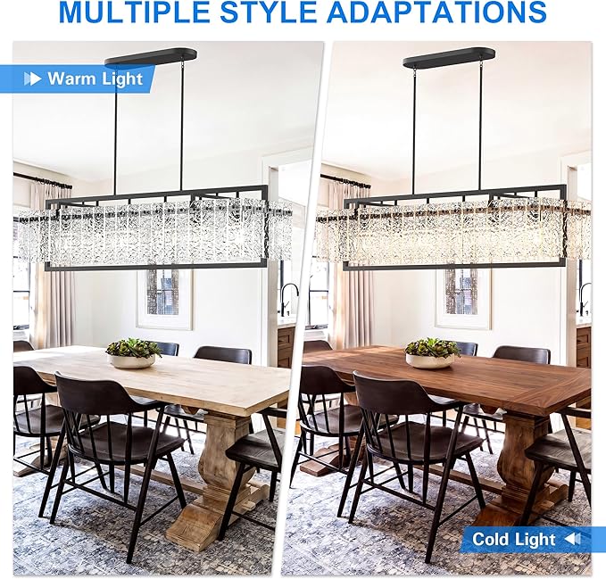 Modern Rectangle Black Crystal Chandeliers for Dining Room, 42" Large Rectangular Water Ripple Glass Island Light Fixture, Linear Farmhouse Lighting for Kitchen Island, Living Room