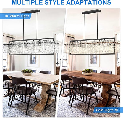 Modern Rectangle Black Crystal Chandeliers for Dining Room, 42" Large Rectangular Water Ripple Glass Island Light Fixture, Linear Farmhouse Lighting for Kitchen Island, Living Room