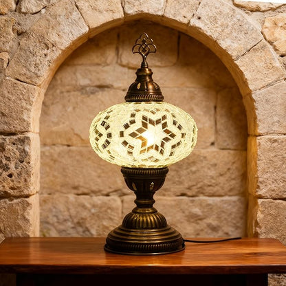Turkish Lamp, Mosaic Table Lamp, Antique Moroccan Decorative Glass Bohemian Vintage Lamp Shade, Small Desk Tiffany Bedside Stained Glass Lamp with US Plug and E12 Socket