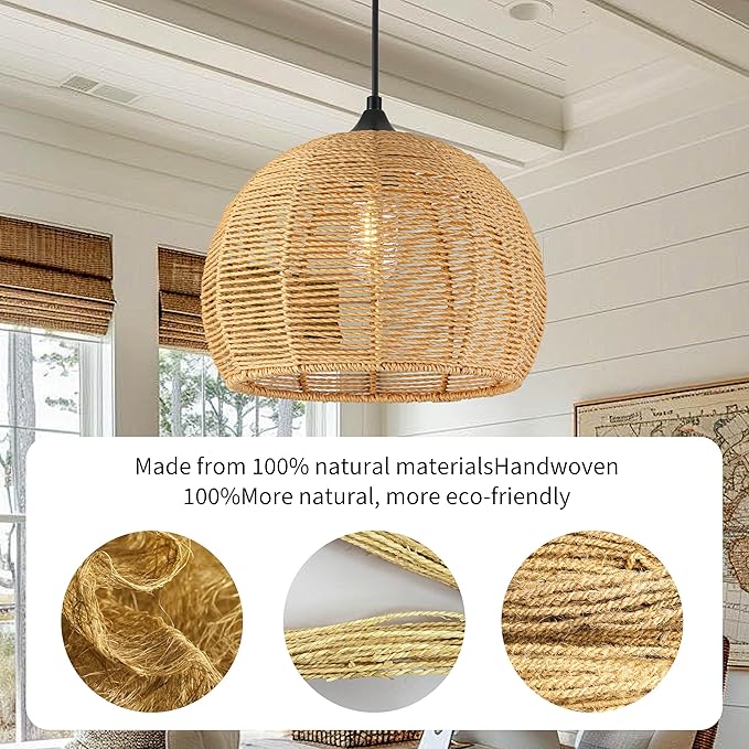 Wicker Pendant Lights 12.2" Hemp Rope Woven Pendant Light Woven Light Fixture Boho Chandelier Light Fixture Boho Chandelier Fixture Wicker Chandelier for Dining Room Kitchen Island