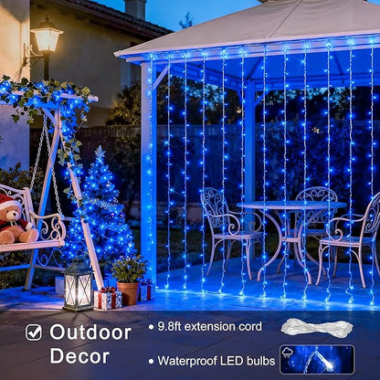 JMEXSUSS 300LED Curtain Lights, Blue Christmas Lights with Remote, Blue String Lights for Bedroom Wall Window Backdrop Garden Indoor Outdoor Pool Patio Yard Porch Decorations, 9.8x9.8ft