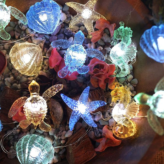Solar String lights Outdoor Decorative Fairy Solar Lights for Outside Garden Décor Waterproof Sea life Turtle Seahorse Starfish Ocean Nautical Balcony Patio Lights 40LED 14ft Yard Fence Window Decor