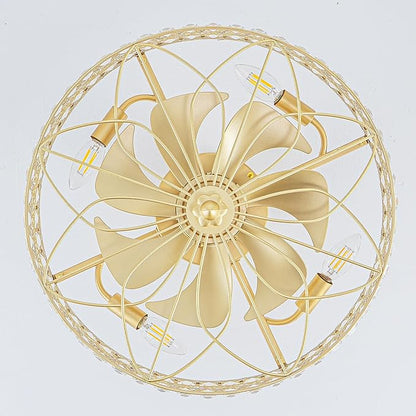 Fandelier Ceiling Fan with Light,Gold Crystal French Glam Drum Chandelier Fan, Decorative Elegant Caged Bladeless Hanging Pendant Light Fixture for Girls Room, Bedroom, Dining Room, Kitchen Island