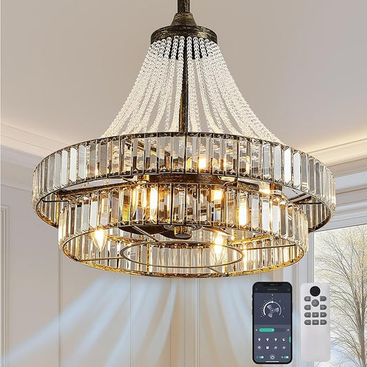 24" Modern Crystal Caged Fandelier, Smart Chandelier Fan with Remote and APP Control, Double Layer Ceiling Fan with Light for Dining Living Room Bedroom, Italian Design-Black Gold