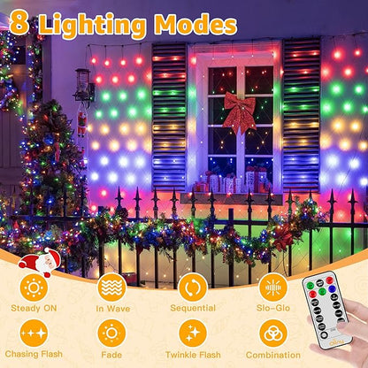 Ollny Net Lights Outdoor Mesh Light, 210LED 10x7ft Green Wire Christmas Net Lights, IP67 Waterproof, 8 Modes Plug in Bush Light for Tree Shrubs Outside Patio Decorations, Multicolor