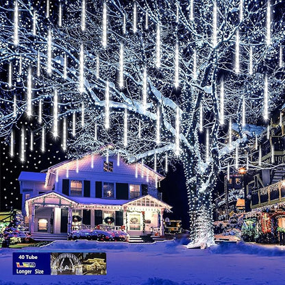 Purtuemy Outdoor Christmas Lights: 40 Tube(Equivalent to 5 Sets of 8-Tubes) Meteor Shower Rain Lights - Waterproof Christmas Halloween Decorations for Yard Outside Tree Roof, White