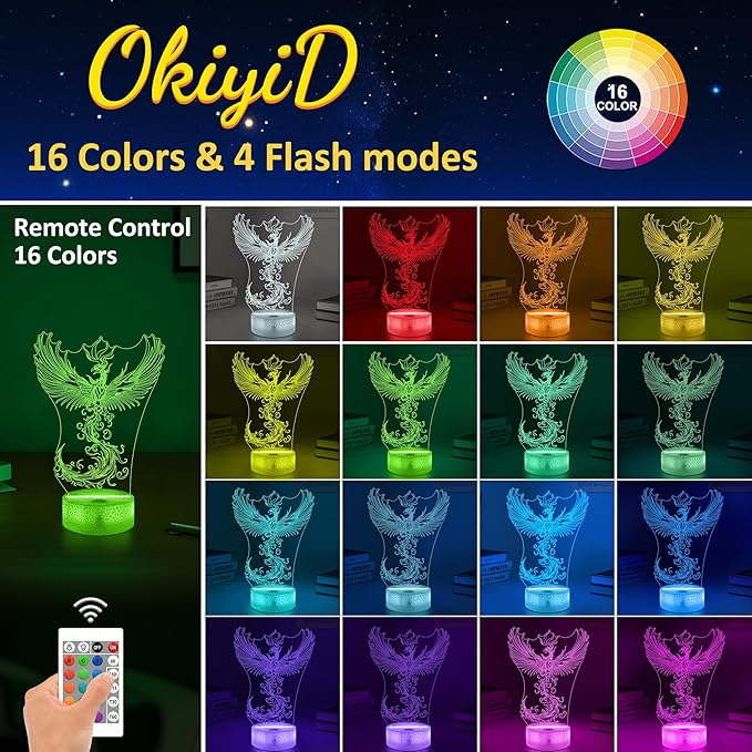 OkiyiD Phoenix Decor Gifts for Girl Women, Phoenix Night Light 3D Illusion Lamp with 16 Colors Remote Control, Phoenix Rising for Bedroom Decor Birthday Xmas Gifts