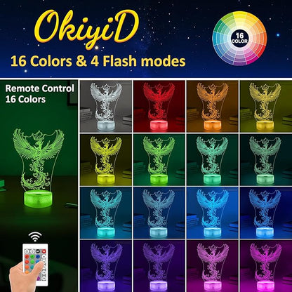 OkiyiD Phoenix Decor Gifts for Girl Women, Phoenix Night Light 3D Illusion Lamp with 16 Colors Remote Control, Phoenix Rising for Bedroom Decor Birthday Xmas Gifts