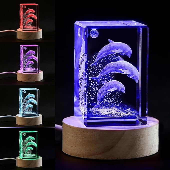 3D Crystal Dolphin Figurine Night Light with LED Base, Birthday Gift for Kids Women, Thanksgiving Christmas Valentines Anniversary Birthday Gifts