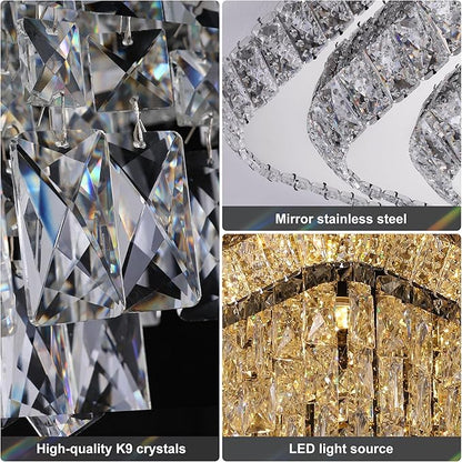 Miuyhji Elegant LED Crystal Raindrop Ceiling Light, 30 Inch Square Flush Mount Chandelier with Remote for Living Room Kitchen Island Bedroom Hallway Entryway Foyer (Dimmable)