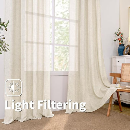 BGment 40 Inch Short Curtains for Small Window, Light Filtering Linen Burlap Textured Window Treatments Grommet Sheer Drapes for Kitchen Cafe, 2 Panels, Natural, 42 X 40 Inch